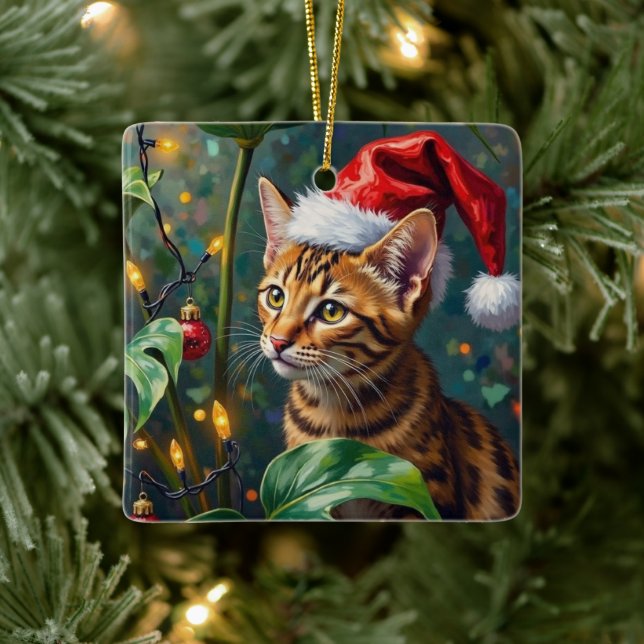 Ornamento De Cerâmica Exotic Bengal Cat Jungle Christmas Playtime Art (Árvore)