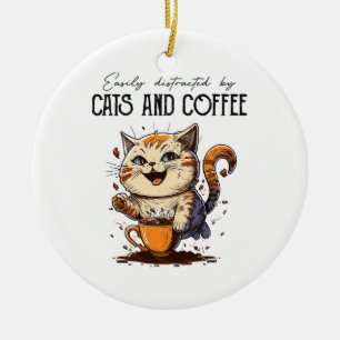 Ornamento De Cerâmica Fácil Distração Por Gatos E Café Cat Lovers Co