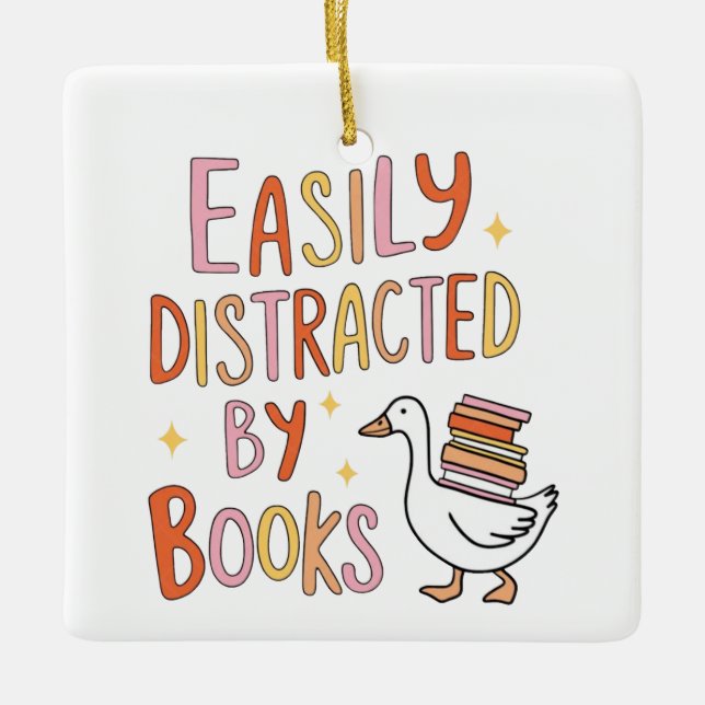 Ornamento De Cerâmica Facilmente distraído pelos livros (Frente)