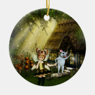 Ornamento De Cerâmica Fada Célula E Rato Branco