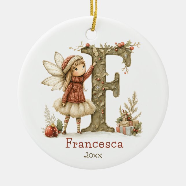Ornamento De Cerâmica Fada de Natal Fácil, Fada Inicial Personalizada (Frente)