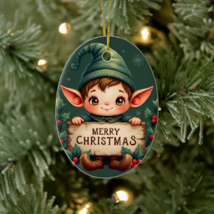 Ornamento De Cerâmica Fada de Natal Fofo Segurando Placa Alegre Verde