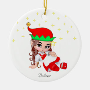 Ornamento De Cerâmica Fada de Natal Vestida de Vermelho & Estrelas