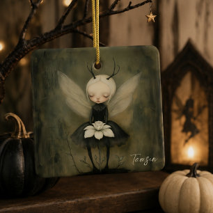 Ornamento De Cerâmica Fada Gótica Escura com Flor Nome Personalizado e A
