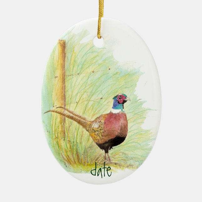 Ornamento De Cerâmica Faisão De Aquarela Com Data Personalizada, Animal  (Frente)