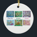 Ornamento De Cerâmica Faith Hope Love Angel Art Collage Ornament Pental<br><div class="desc">A seguinte colagem de arte é composta por Palavras Anjos (Fé, Esperança, Amor) e Palavras Inspiracionais (Fé, Esperança, Amor). O texto entre as seis pinturas anota "fé, esperança, amor". Estas imagens são concebidas de modo a proporcionar reflexão e meditação sobre palavras positivas. A ideia é pensar na pintura e vai...</div>