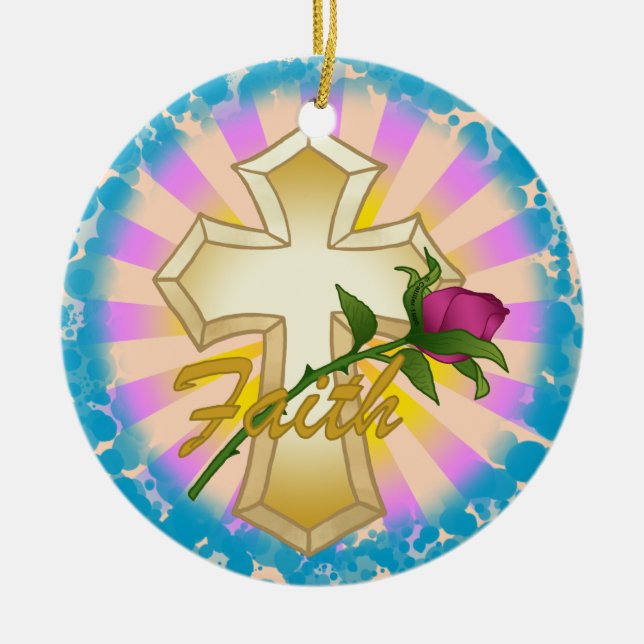 Ornamento De Cerâmica Faith Rosa Christian Cross Ornament (Frente)