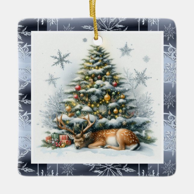 Ornamento De Cerâmica Fallow Deer Sleeping Under Christmas Tree Holiday  (Frente)