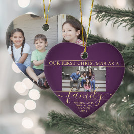 Ornamento De Cerâmica Família 2 Foto Primeiro Natal Dourado Coração Roxo