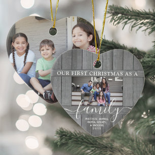 Ornamento De Cerâmica Família 2 Foto Primeiro Natal Faux Cinza Madeira