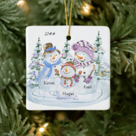 Ornamento De Cerâmica Família Bonita de Snowman de 3 Natal Personalizado