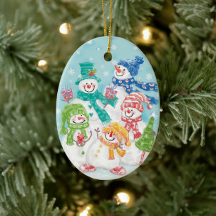 Ornamento De Cerâmica Família bonito do boneco de neve do Natal na neve