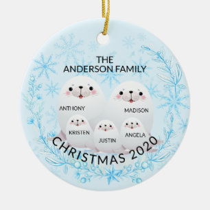 Ornamento De Cerâmica Família de 5 Focas Fofa de Natal