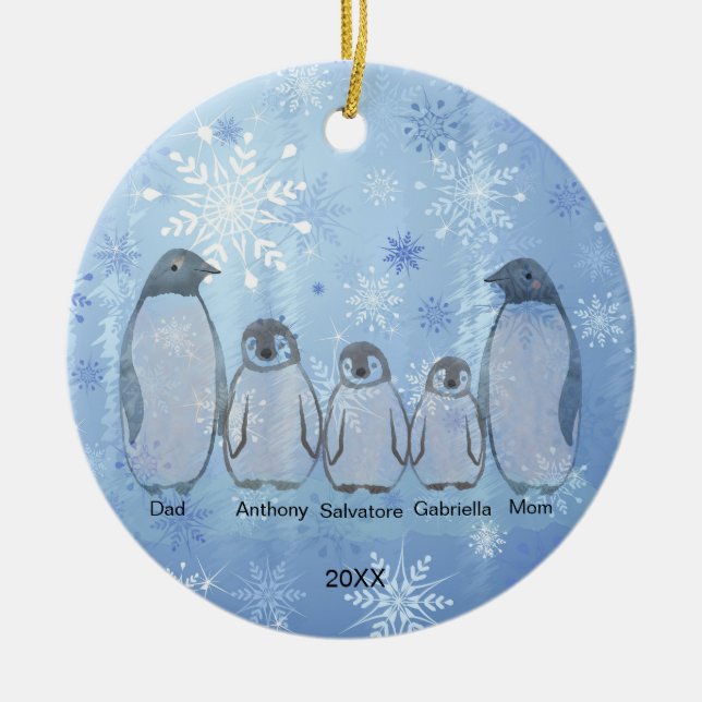 Ornamento De Cerâmica Família de Cinco Pinguins no Natal (Frente)