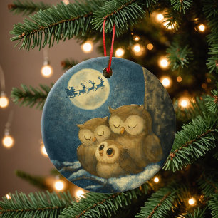 Ornamento De Cerâmica Família de Corujas Caprichosas na Véspera de Natal