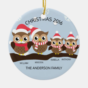 Ornamento De Cerâmica Família de Corujas Personalizada de 4 Natal