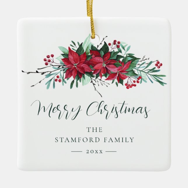 Ornamento De Cerâmica Família de Férias de Natal da Poinsettia (Frente)