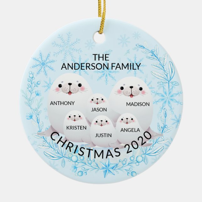 Ornamento De Cerâmica Família De Inverno Bonita De 6 Selos De Natal (Frente)