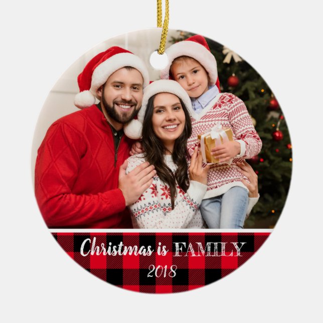 Ornamento De Cerâmica Família de Natal Rustic Red Buffalo Xadrez (Frente)