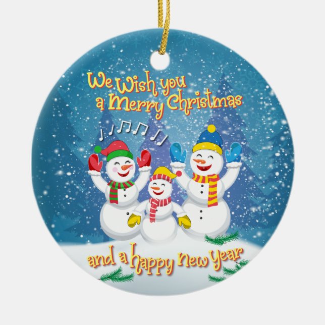 Ornamento De Cerâmica Família de Neve - Natal e Ano Novo (Frente)