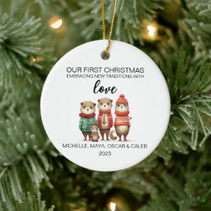Ornamento De Cerâmica Família de Quatro Lontras de Natal