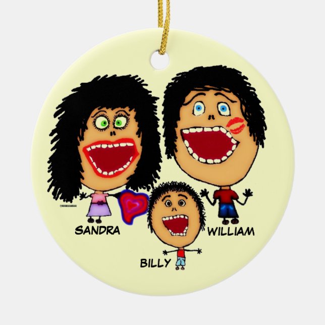 Ornamento De Cerâmica Família de Três Cartoons (Frente)