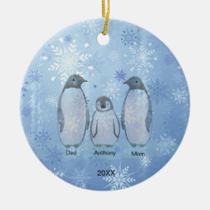 Ornamento De Cerâmica Família de Três Pinguins no Natal