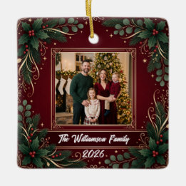 Ornamento De Cerâmica Família de Verdura de Borgonha Foto de Natal Cerâm