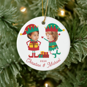 Ornamento De Cerâmica Família Elf de Natal Personalizada e Engraçada