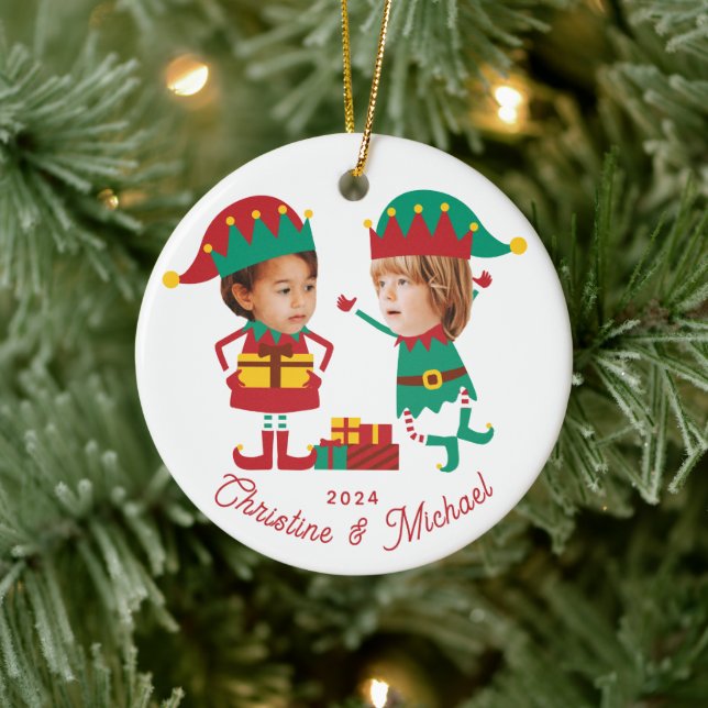 Ornamento De Cerâmica Família Elf de Natal Personalizada e Engraçada (Árvore)