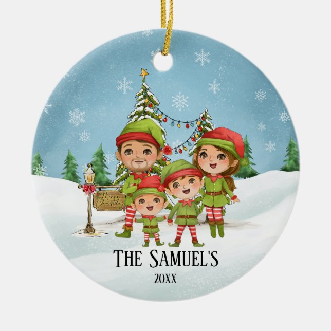 Ornamento De Cerâmica Família Elf Fofa de 4 Filhos Pais da Mãe (Frente)