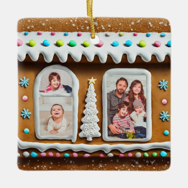 Ornamento De Cerâmica Família em Gingercake Foto de Natal (Frente)