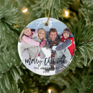 Ornamento De Cerâmica Família Foto Moderno Script Pincel Feliz Natal