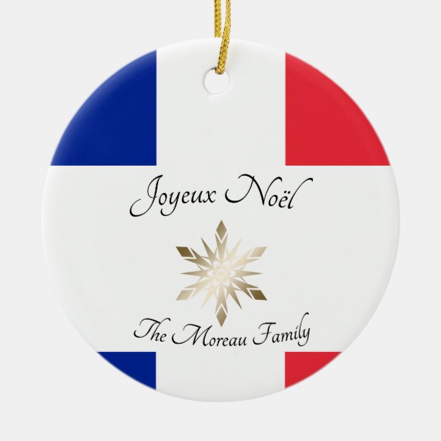 Ornamento De Cerâmica Família francesa Joyeux Noël Flag e Snowflake (Frente)