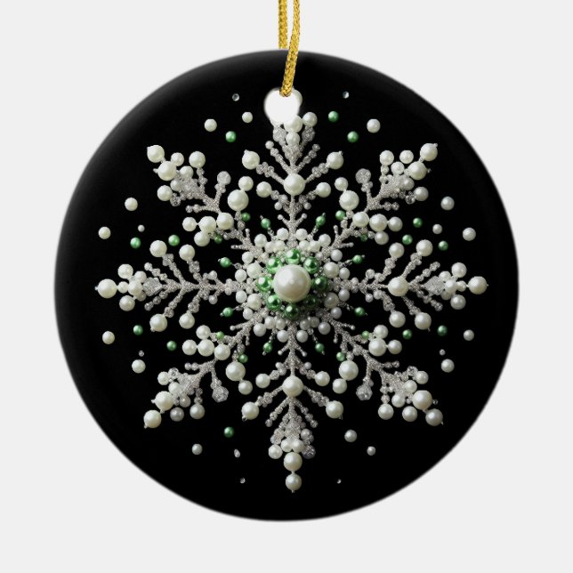 Ornamento De Cerâmica Família Green and Pearl Snowflake (Frente)