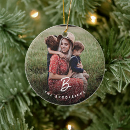 Ornamento De Cerâmica Família Monograma Moderno Foto Feriado Natal