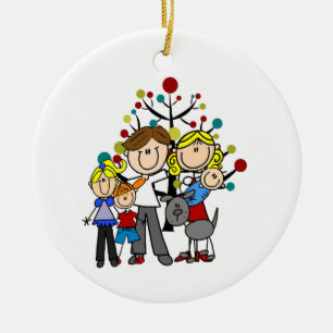 Ornamento De Cerâmica Família Pai Mãe Menina Menino Bebê Cachorro Cinza