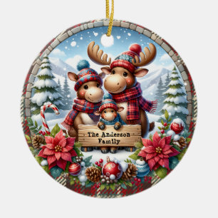 Ornamento De Cerâmica Família personalizada de três renas no Natal