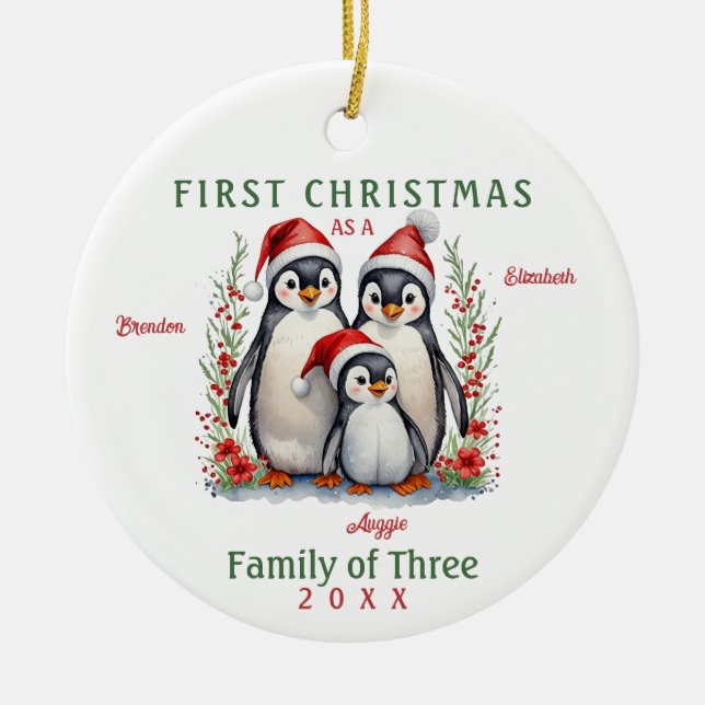 Ornamento De Cerâmica Família Pinguins de Três Primeiros Natal (Frente)