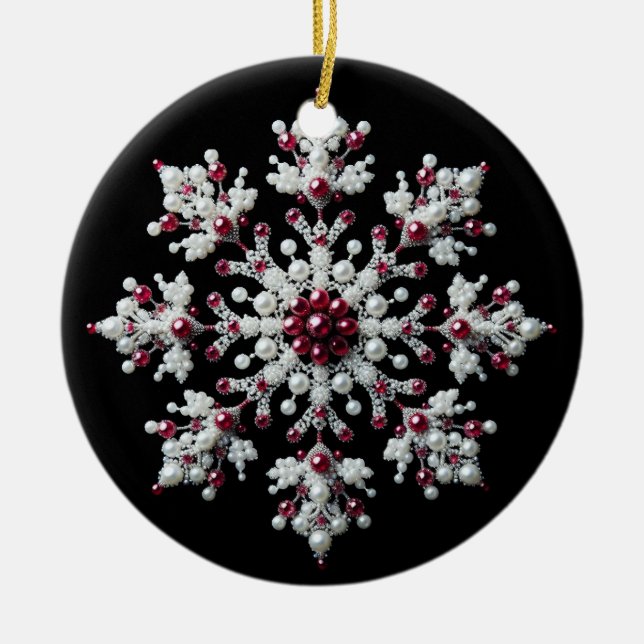 Ornamento De Cerâmica Família Red and Pearl Snowflake (Frente)