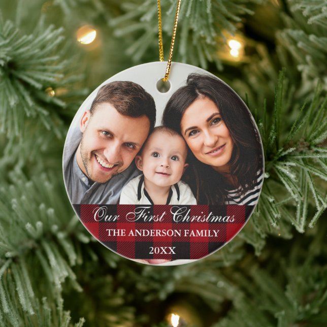 Ornamento De Cerâmica Família Red Buffalo Xadrez Nosso Primeiro Natal (Árvore)