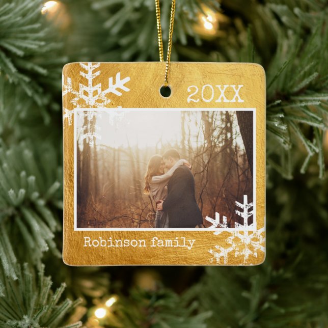 Ornamento De Cerâmica Família Rustic Snowflake Dourada (Árvore)