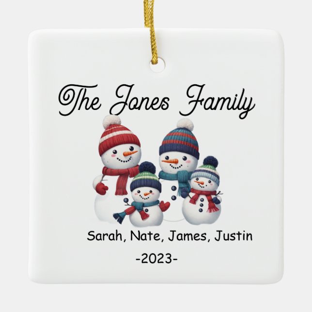 Ornamento De Cerâmica Família Snowman personalizável de 4 Feriados (Frente)