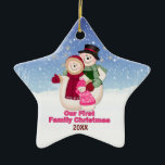 Ornamento De Cerâmica Família Snowman, rosa, de 1rua,<br><div class="desc">Congelou o boneco de neve com a Sra. Frosty e a menina Frosty com neve. Eles estão vestidos para o inverno com cachecol, chapéu e luvas. O ornamento exclusivo tem uma área de data pronta para ser personalizada.</div>