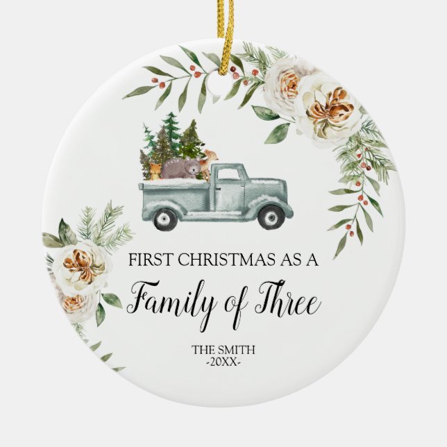 Ornamento De Cerâmica Família Woodland Truck Christmas de três (Frente)