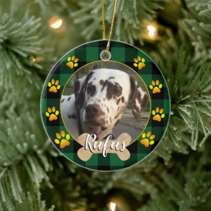 Ornamento De Cerâmica Family Dog photo & bone, paws, Green buffalo Plaid