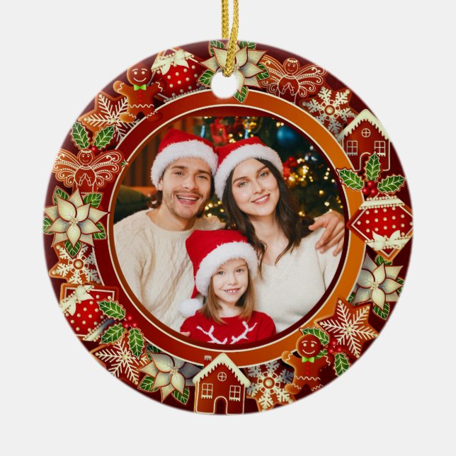 Ornamento De Cerâmica Family Photo, Gingerbread & Poinsettia Holiday (Frente)