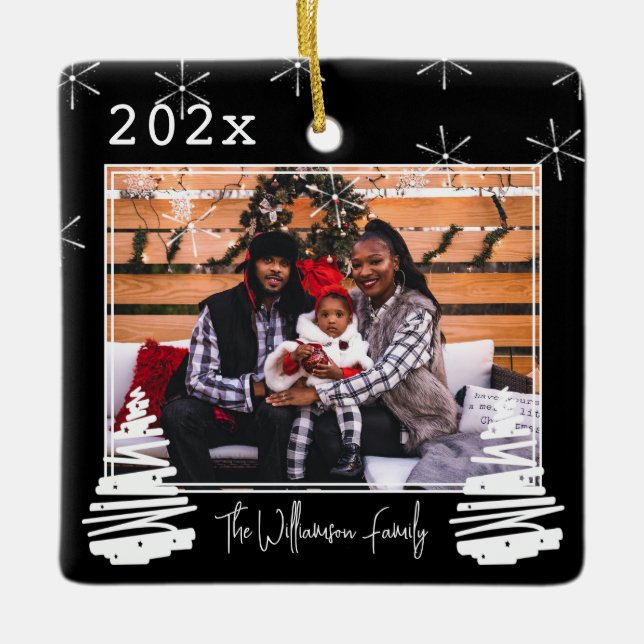 Ornamento De Cerâmica Family Photo Pet two sided Holiday Christmas Tree (Frente)