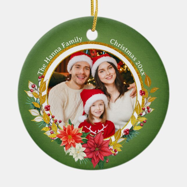 Ornamento De Cerâmica Family Photo & Poinsettia Merry Christmas Gift (Frente)