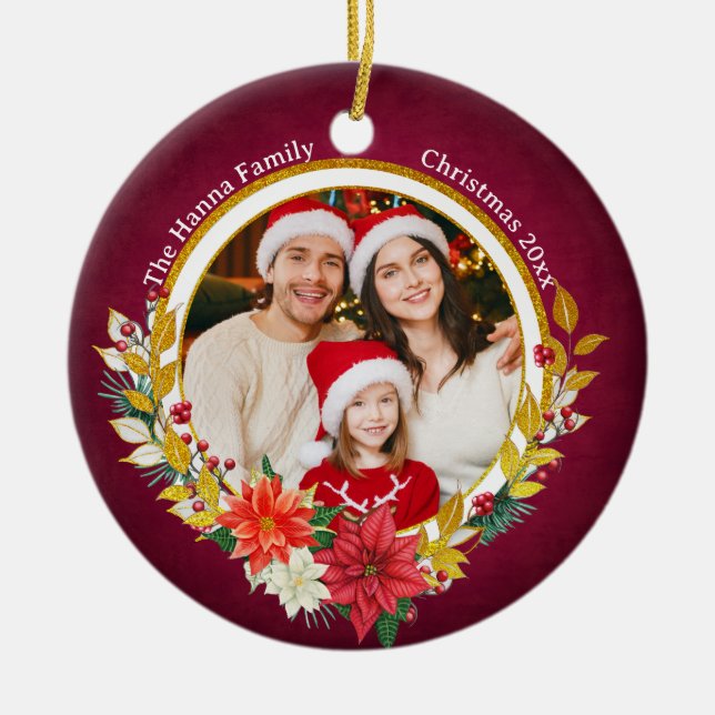 Ornamento De Cerâmica Family Photo & Poinsettia Merry Christmas Gift (Frente)